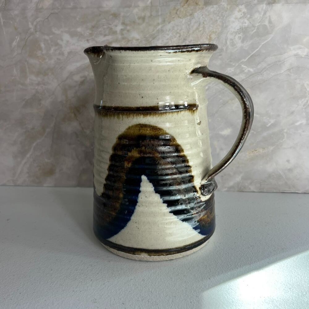 Studio Art Pottery Pitcher Vase Hand Thrown Glazed Brown Shades Stoneware Glossy - Picture 2 of 12